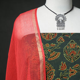 Ajrakh Block Print Natural Dyed Cotton Unstitched Dress Material: Kurta & Dupatta with Jewellery 20