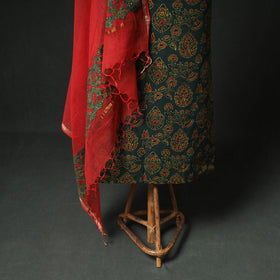 Ajrakh Block Print Natural Dyed Cotton Unstitched Dress Material: Kurta & Dupatta with Jewellery 20