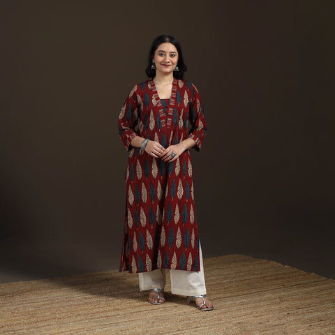 Maroon - Ajrakh Hand Block Print Natural Dyed Cotton Straight Long Kurta for women 02