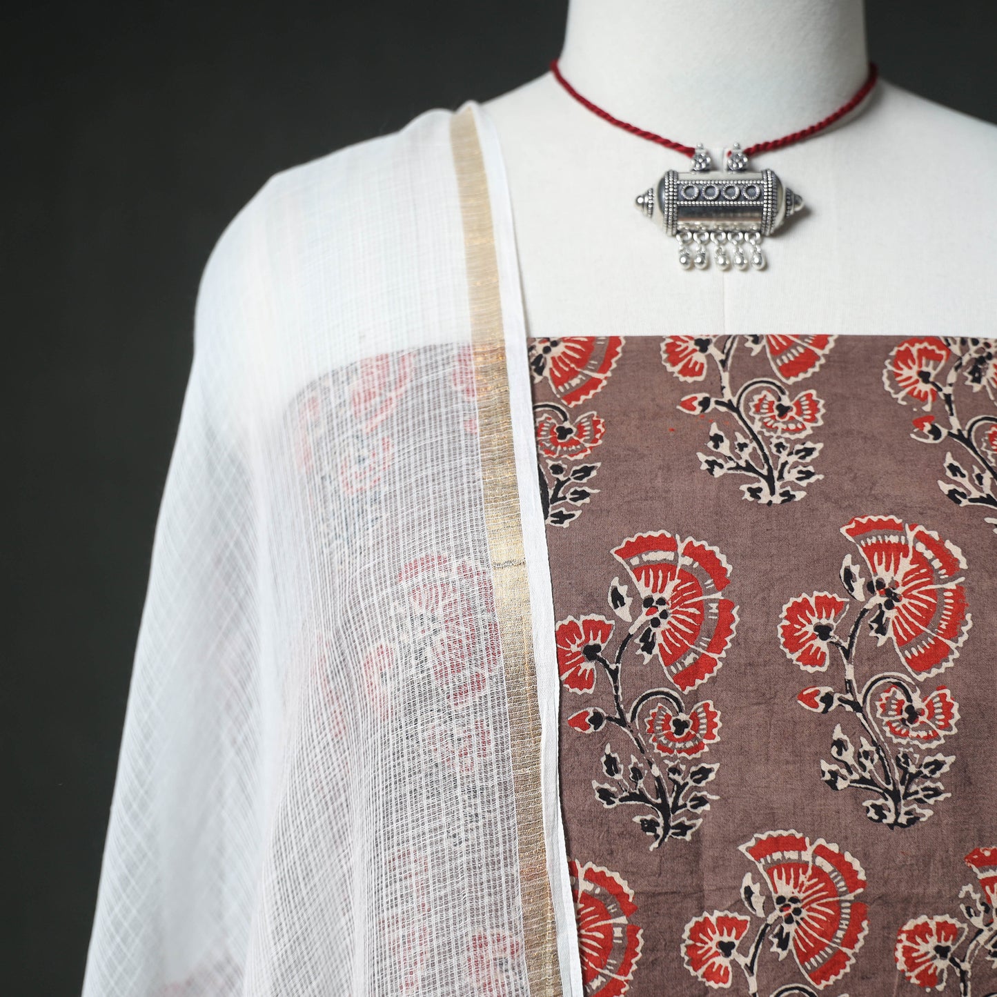 Ajrakh Block Print Natural Dyed Cotton Unstitched Dress Material: Kurta & Dupatta with Jewellery 21