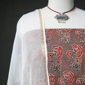 Ajrakh Block Print Natural Dyed Cotton Unstitched Dress Material: Kurta & Dupatta with Jewellery 21