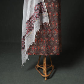 Ajrakh Block Print Natural Dyed Cotton Unstitched Dress Material: Kurta & Dupatta with Jewellery 21