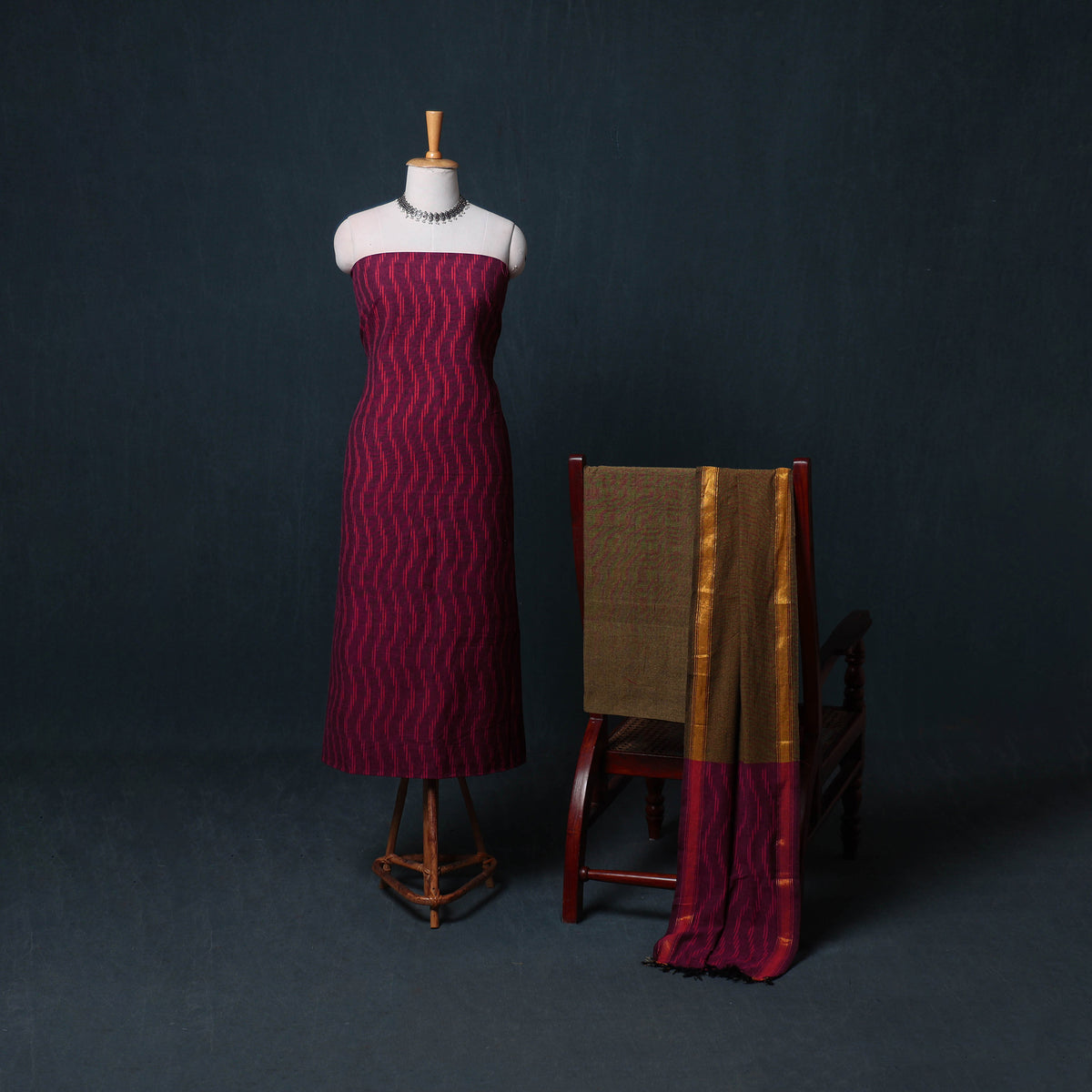 Pochampally Ikat Cotton Unstitched Dress Material: Kurta, Bottom with Dupatta 19