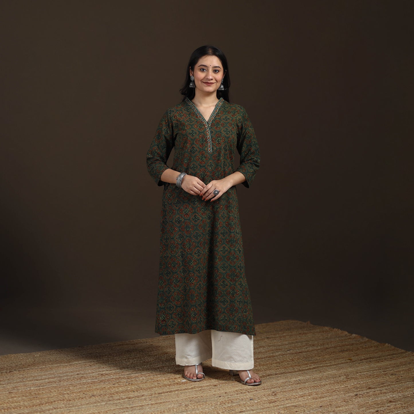Ajrakh Hand Block Print Natural Dyed Cotton Straight Long Kurta for women 22
