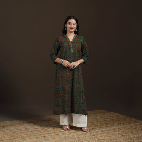 Green - Ajrakh Hand Block Print Natural Dyed Cotton Straight Long Kurta for women 22