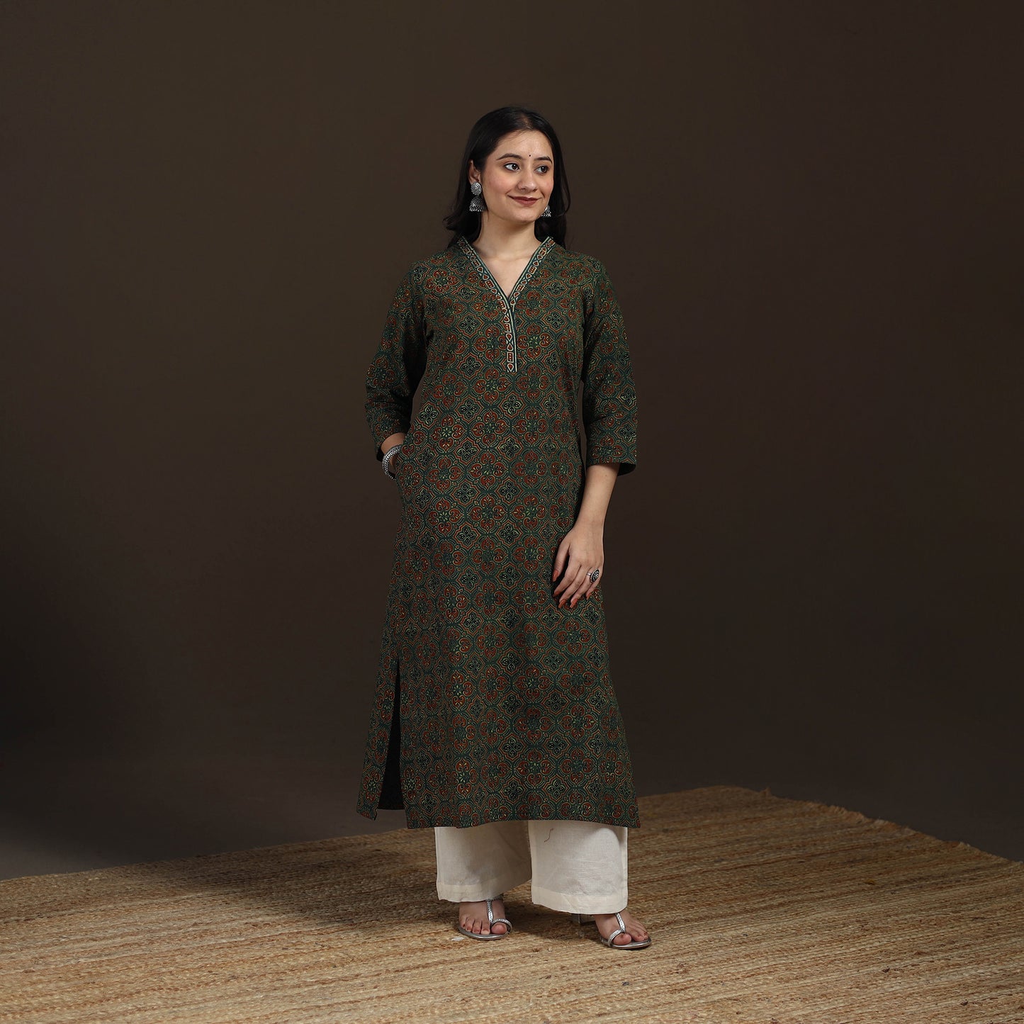 Ajrakh Hand Block Print Natural Dyed Cotton Straight Long Kurta for women 22