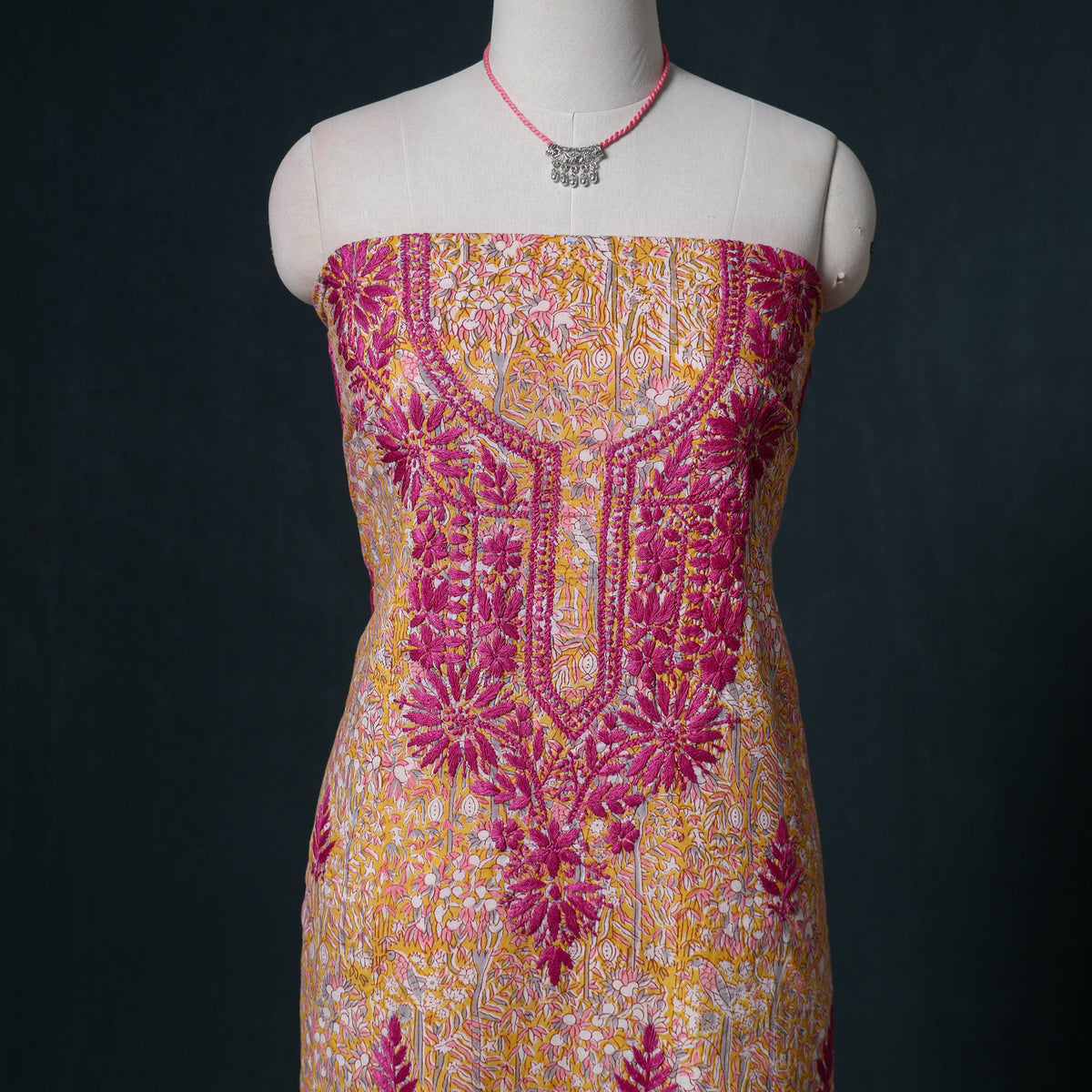 Lucknowi Chikankari Hand Work Unstitched Dress Material: Kurta & Dupatta with Jewellery 05