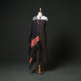 Ajrakh Block Print Natural Dyed Cotton Unstitched Dress Material: Kurta & Dupatta with Jewellery 22