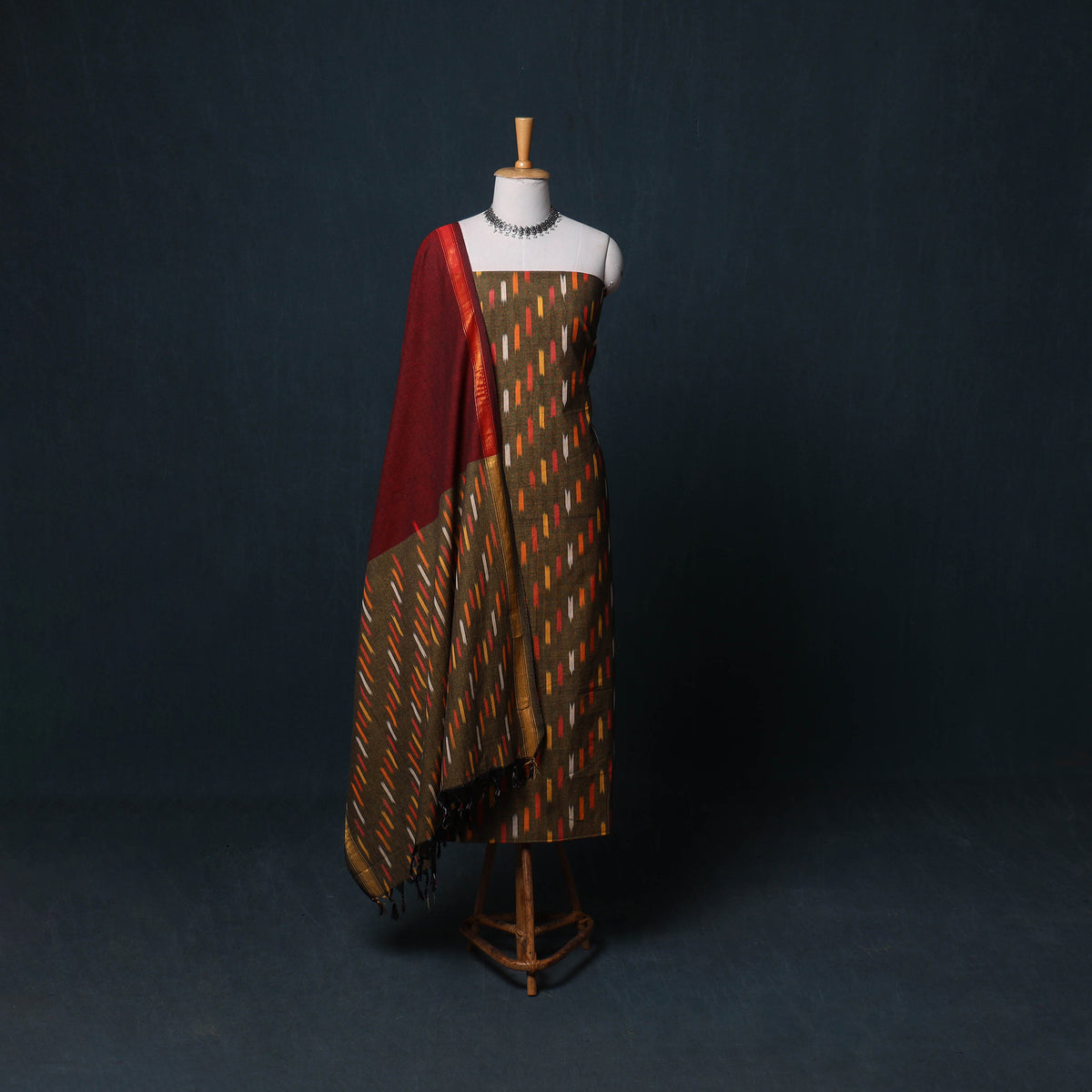 Pochampally Ikat Cotton Unstitched Dress Material: Kurta, Bottom with Dupatta 20