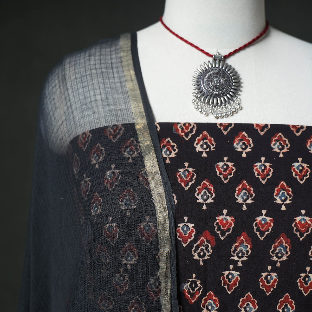 Ajrakh Block Print Natural Dyed Cotton Unstitched Dress Material: Kurta & Dupatta with Jewellery 22
