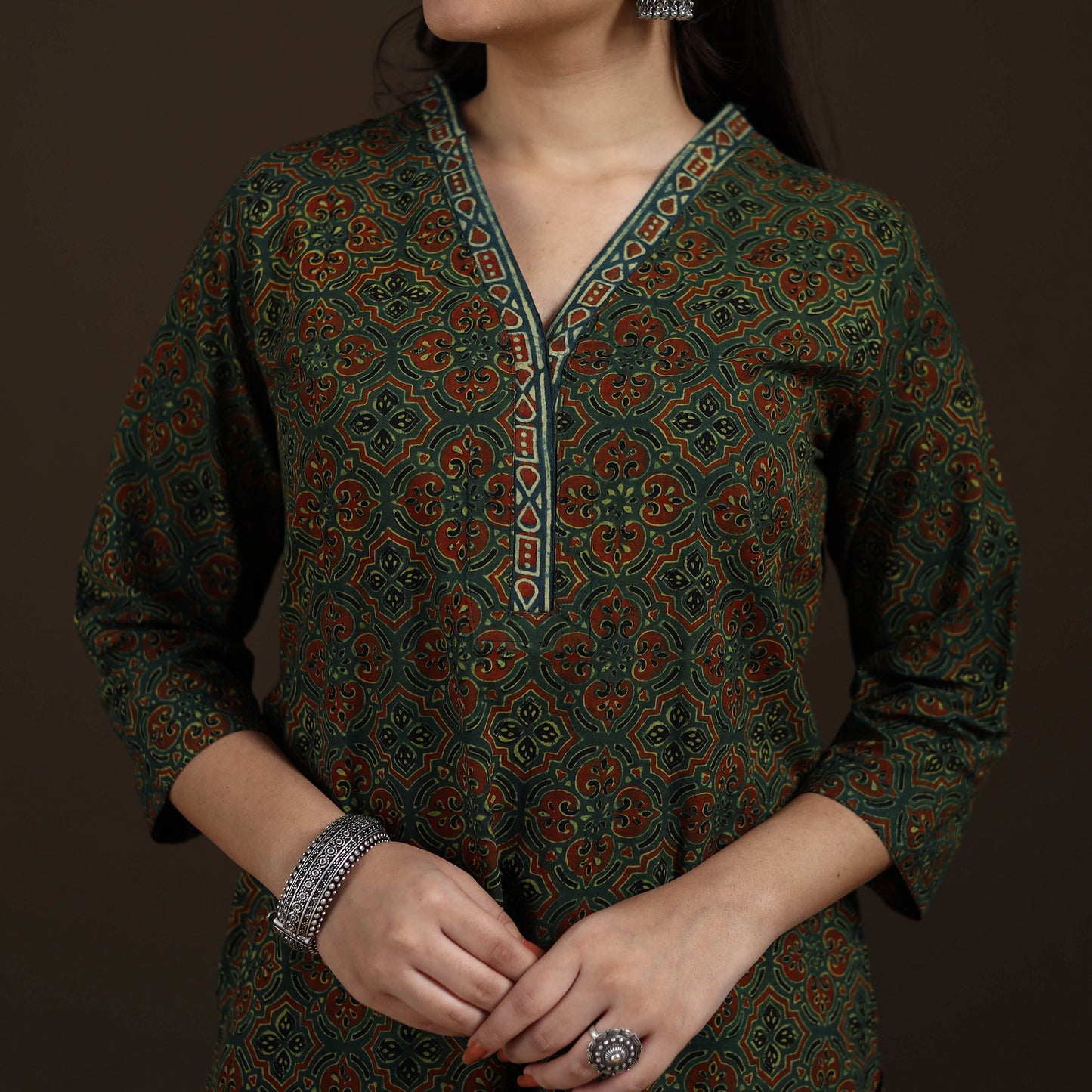 Ajrakh Hand Block Print Natural Dyed Cotton Straight Long Kurta for women 22