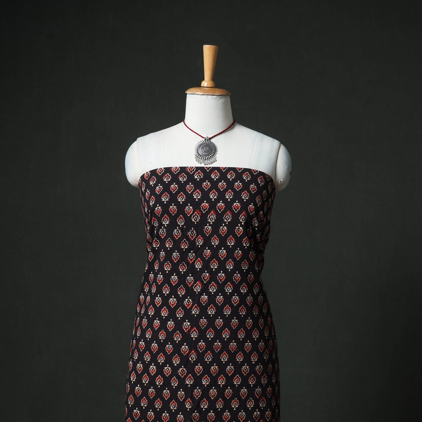 Ajrakh Block Print Natural Dyed Cotton Unstitched Dress Material: Kurta & Dupatta with Jewellery 22