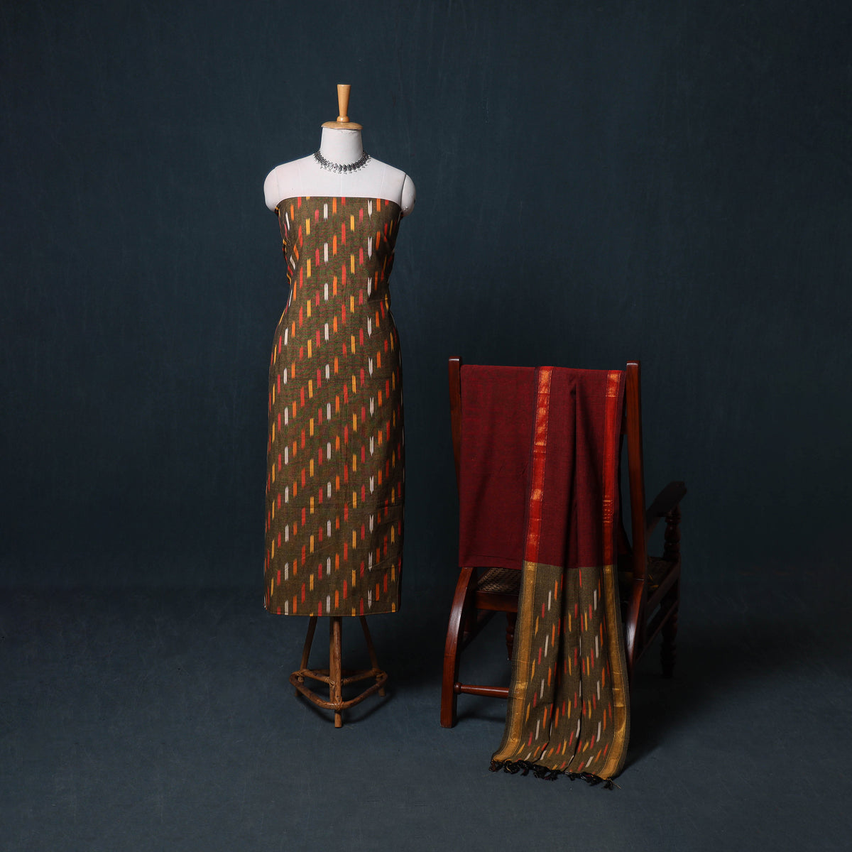 Pochampally Ikat Cotton Unstitched Dress Material: Kurta, Bottom with Dupatta 20