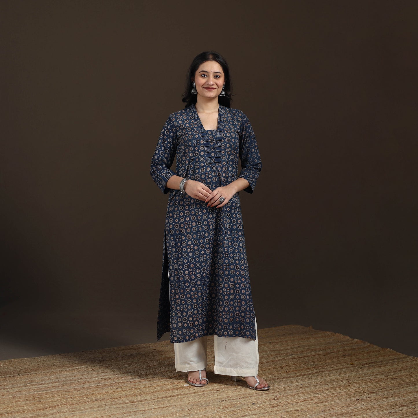 Ajrakh Hand Block Print Natural Dyed Cotton Straight Long Kurta for women 03