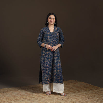 Ajrakh Hand Block Print Natural Dyed Cotton Straight Long Kurta for women 03