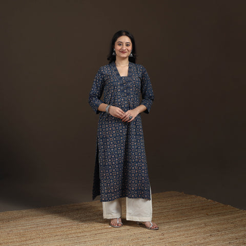 Blue - Ajrakh Hand Block Print Natural Dyed Cotton Straight Long Kurta for women 03