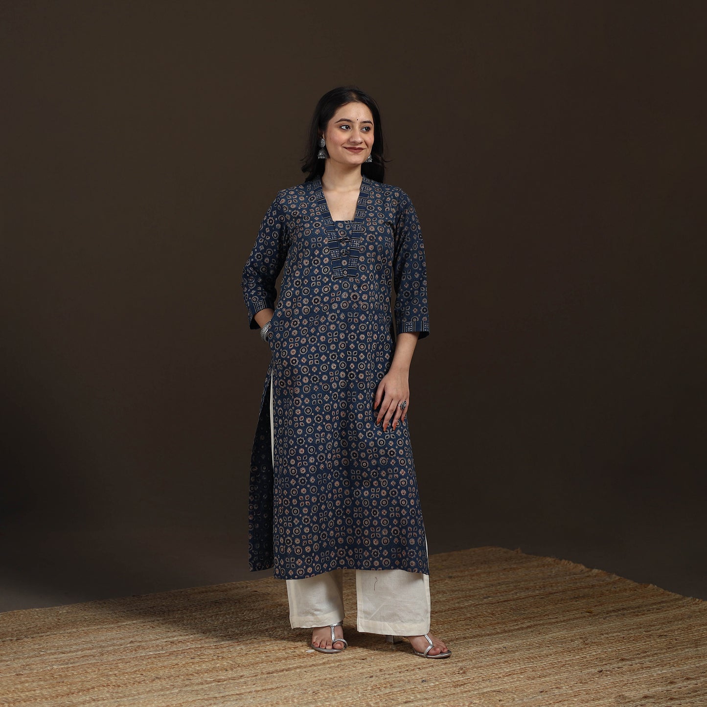 Ajrakh Hand Block Print Natural Dyed Cotton Straight Long Kurta for women 03