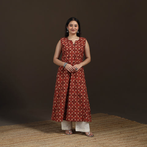 Ajrakh Hand Block Print Natural Dyed Cotton Sleeveless A-Line Long Kurta for women 35