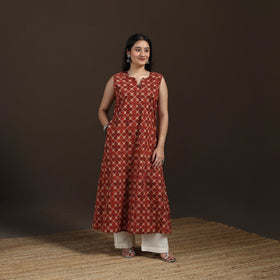 Ajrakh Hand Block Print Natural Dyed Cotton Sleeveless A-Line Long Kurta for women 35