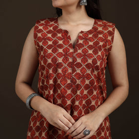 Ajrakh Hand Block Print Natural Dyed Cotton Sleeveless A-Line Long Kurta for women 35