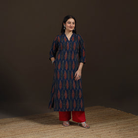 Ajrakh Hand Block Print Natural Dyed Cotton Straight Long Kurta for women 24