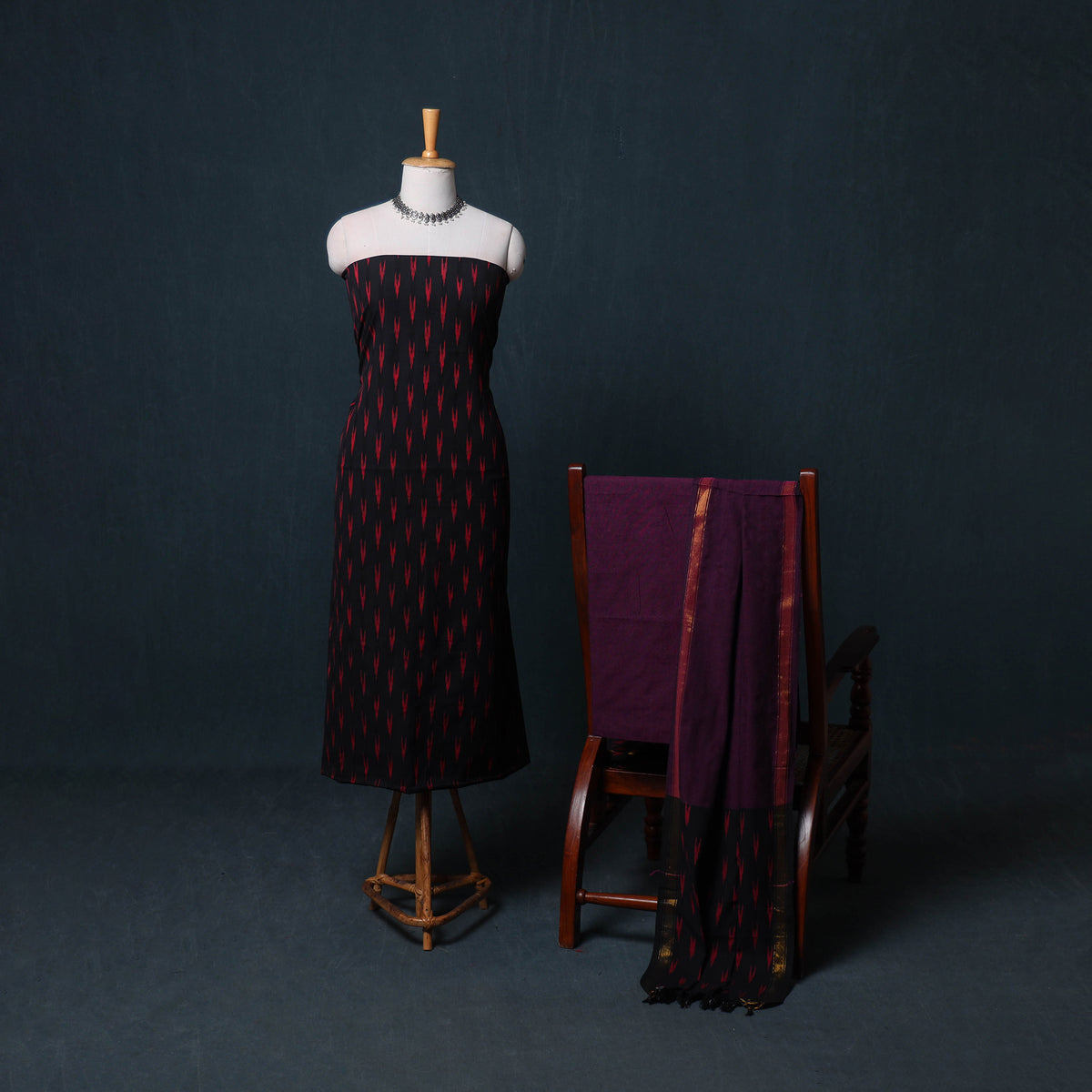 Pochampally Ikat Cotton Unstitched Dress Material: Kurta, Bottom with Dupatta 22