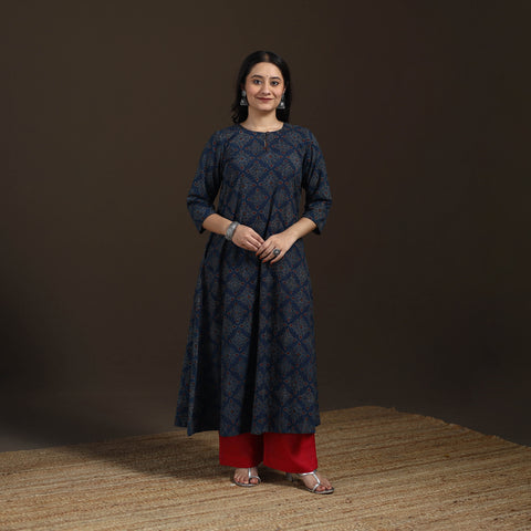 Ajrakh Hand Block Print Natural Dyed Cotton A-Line Long Kurta for women 40