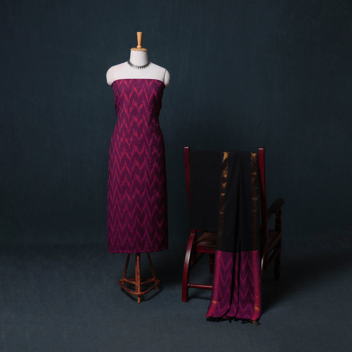 Pochampally Ikat Cotton Unstitched Dress Material: Kurta, Bottom with Dupatta 23