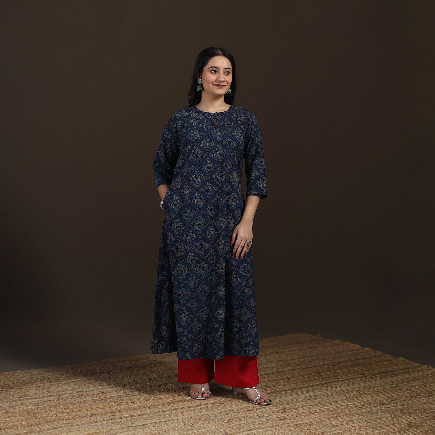 Ajrakh Hand Block Print Natural Dyed Cotton A-Line Long Kurta for women 40