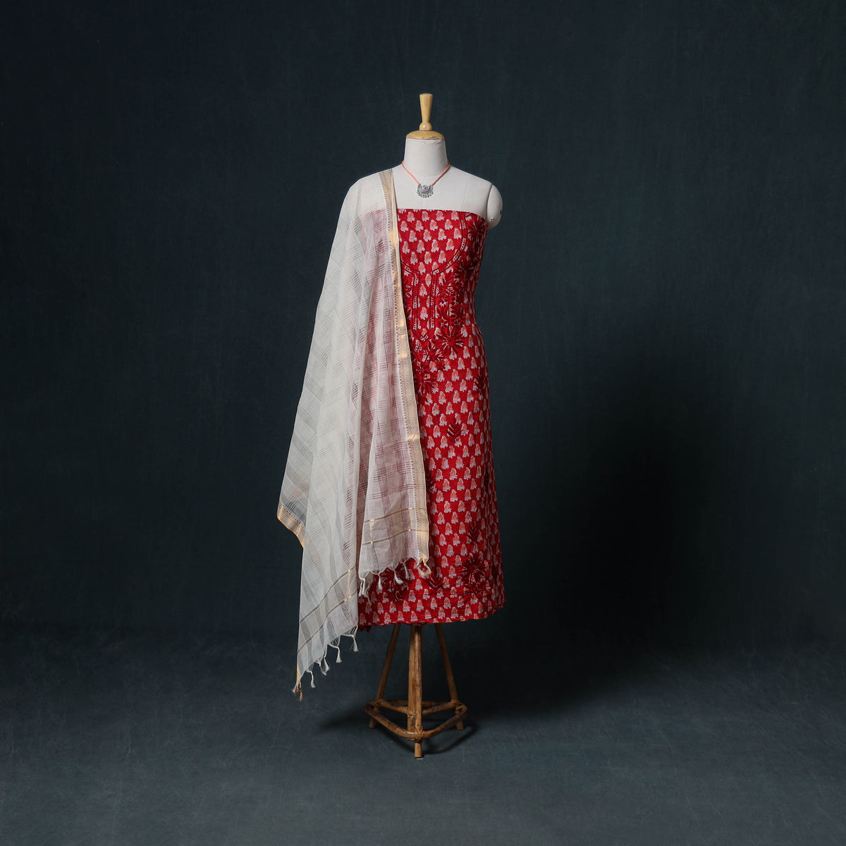 Lucknowi Chikankari Hand Work Unstitched Dress Material: Kurta & Dupatta with Jewellery 08