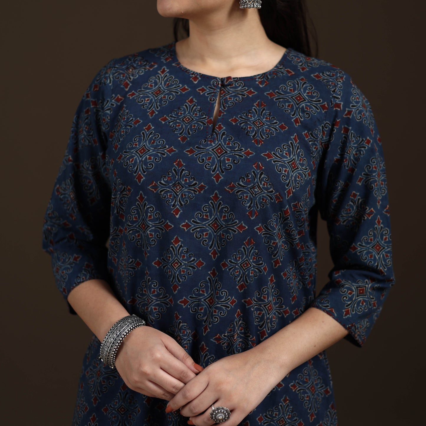 Ajrakh Hand Block Print Natural Dyed Cotton A-Line Long Kurta for women 40