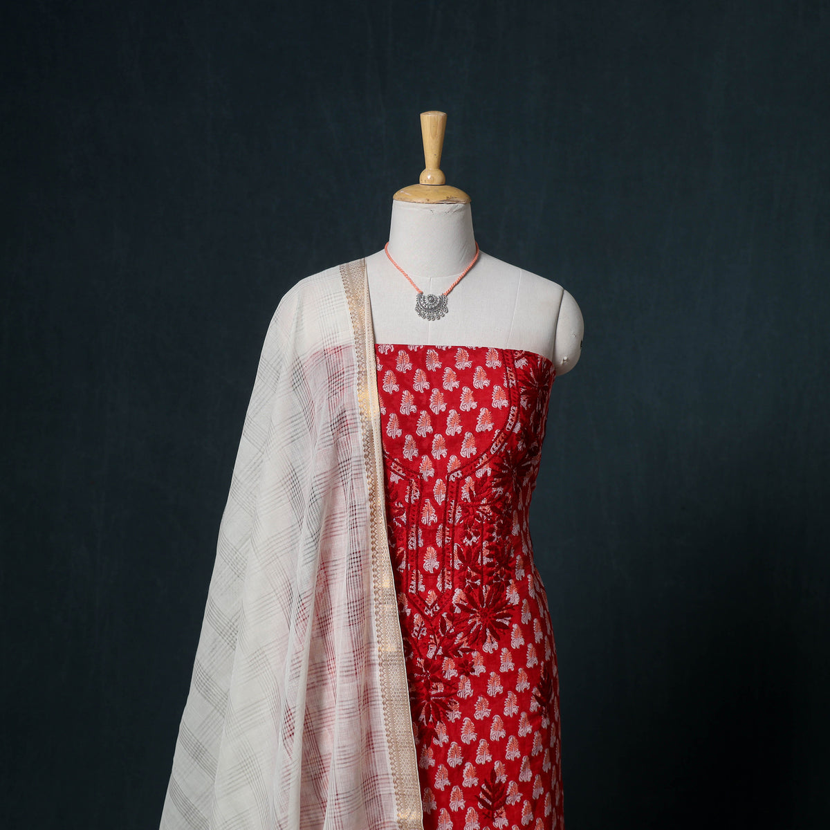 Lucknowi Chikankari Hand Work Unstitched Dress Material: Kurta & Dupatta with Jewellery 08