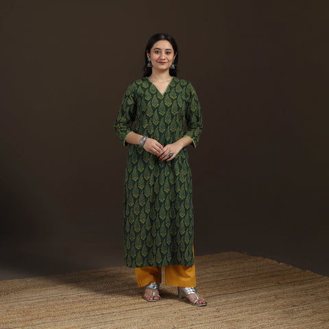 Green - Ajrakh Hand Block Print Natural Dyed Cotton Thread Work Straight Long Kurta for women 06