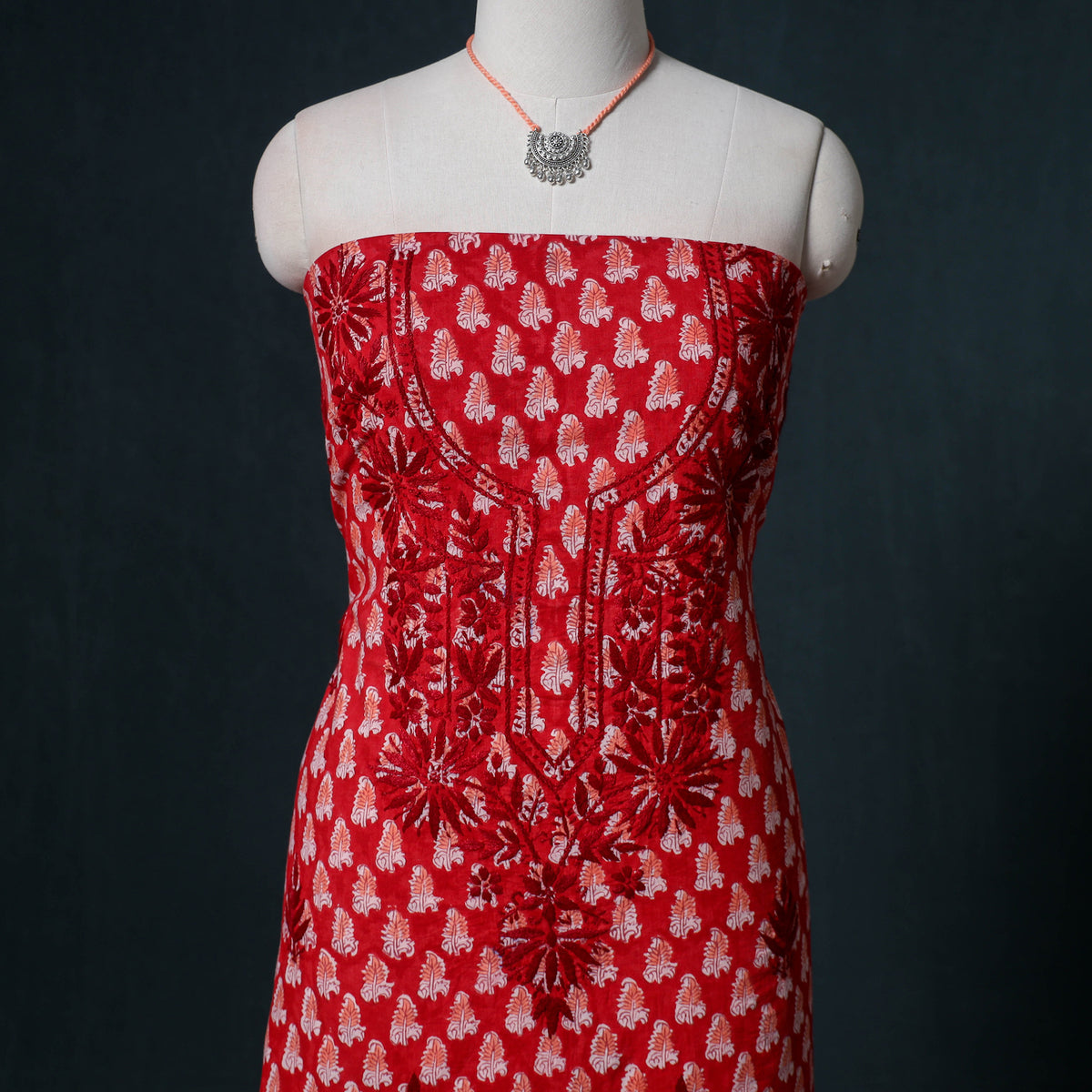 Lucknowi Chikankari Hand Work Unstitched Dress Material: Kurta & Dupatta with Jewellery 08