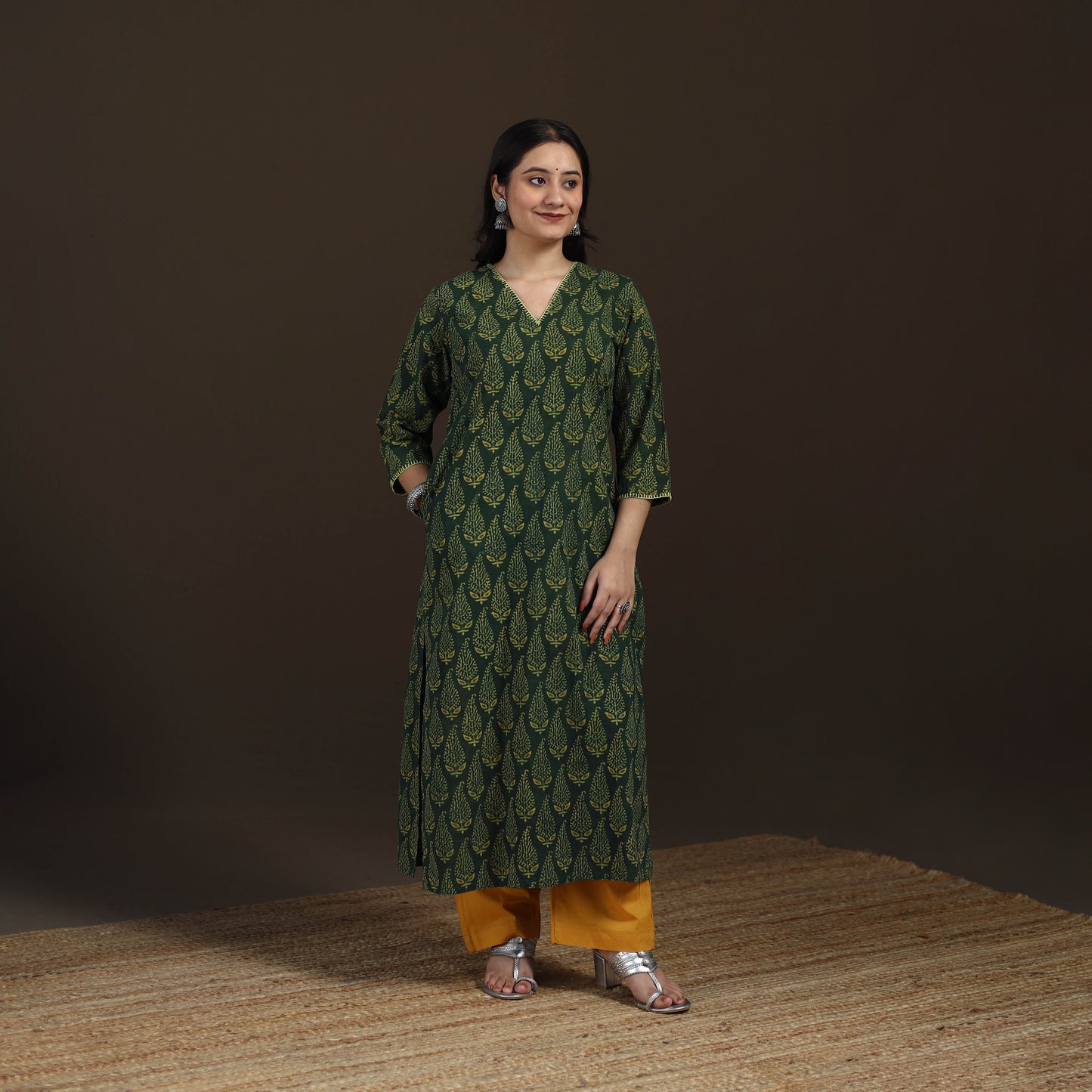 Ajrakh Hand Block Print Natural Dyed Cotton Thread Work Straight Long Kurta for women 06
