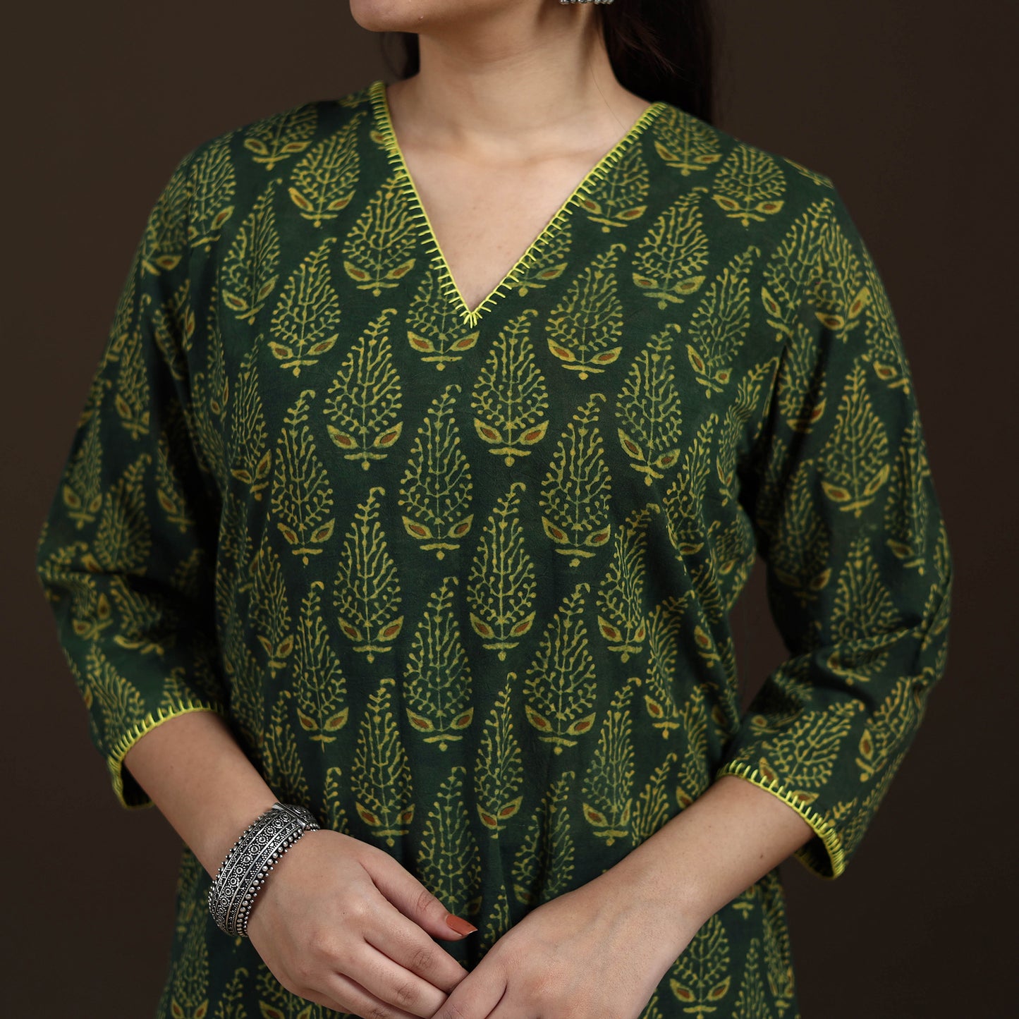 Ajrakh Hand Block Print Natural Dyed Cotton Thread Work Straight Long Kurta for women 06