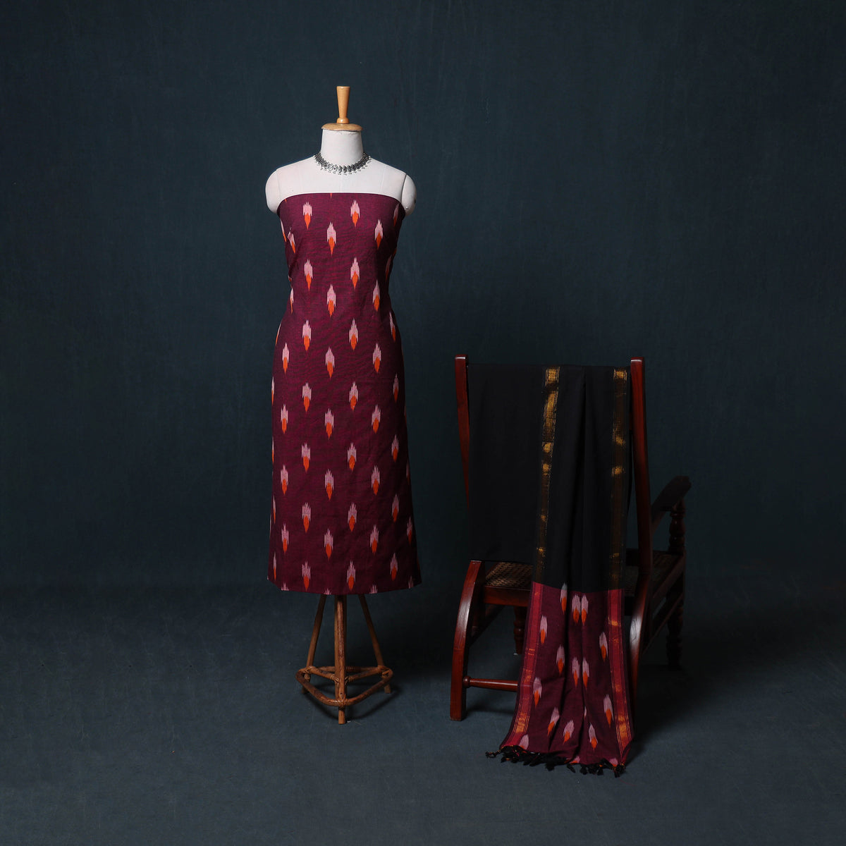Pochampally Ikat Cotton Unstitched Dress Material: Kurta, Bottom with Dupatta 24