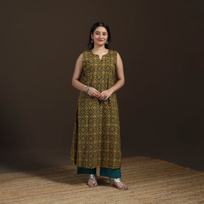 Ajrakh Hand Block Print Natural Dyed Cotton Sleeveless A-Line Long Kurta for women 32