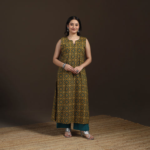 Ajrakh Hand Block Print Natural Dyed Cotton Sleeveless A-Line Long Kurta for women 32