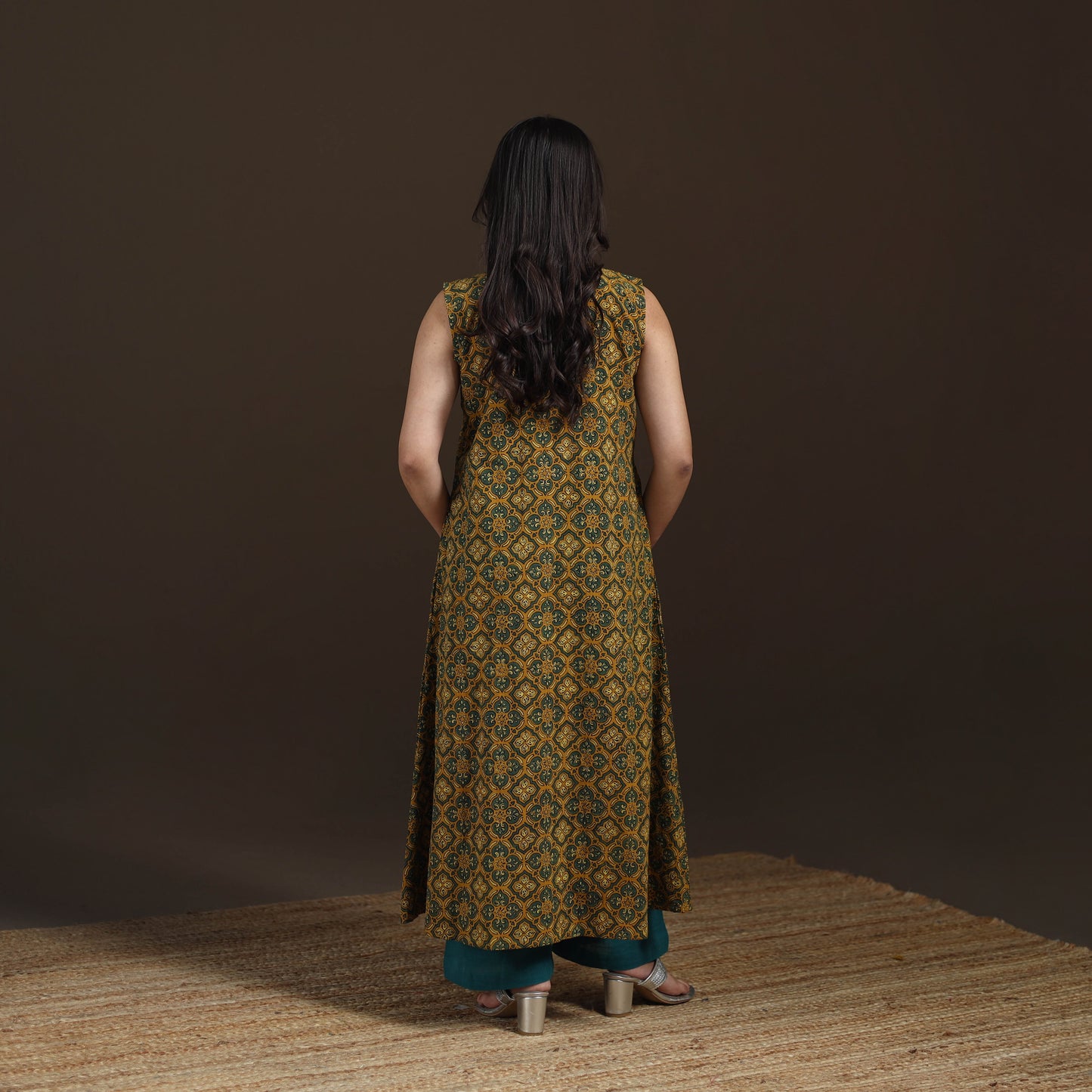 Ajrakh Hand Block Print Natural Dyed Cotton Sleeveless A-Line Long Kurta for women 32