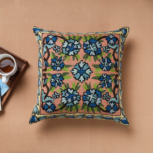 Blue - Original Chain Stitch Crewel Wool Thread Hand Embroidery Cushion Cover (16 x 16 in)