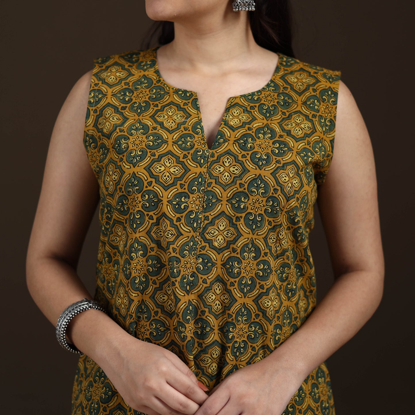 Ajrakh Hand Block Print Natural Dyed Cotton Sleeveless A-Line Long Kurta for women 32