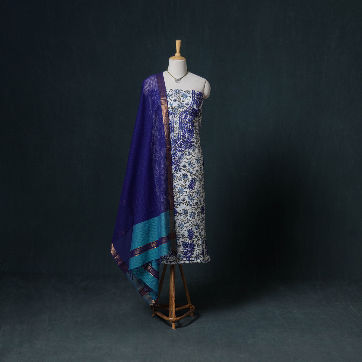 Lucknowi Chikankari Hand Work Unstitched Dress Material: Kurta & Dupatta with Jewellery 09