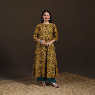 Ajrakh Hand Block Print Natural Dyed Cotton A-Line Long Kurta for women 39