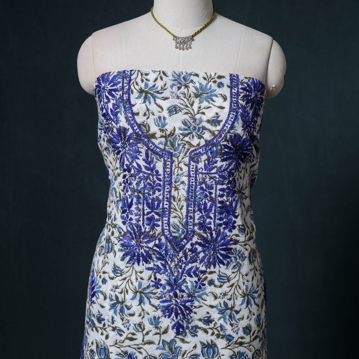 Lucknowi Chikankari Hand Work Unstitched Dress Material: Kurta & Dupatta with Jewellery 09