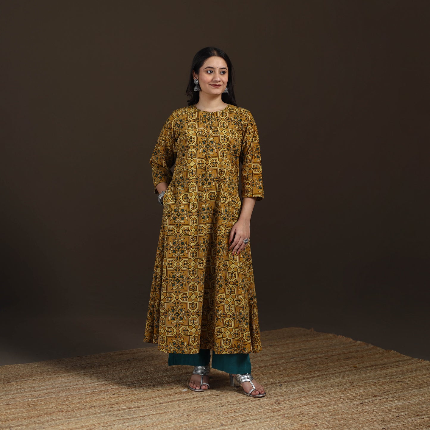Ajrakh Hand Block Print Natural Dyed Cotton A-Line Long Kurta for women 39