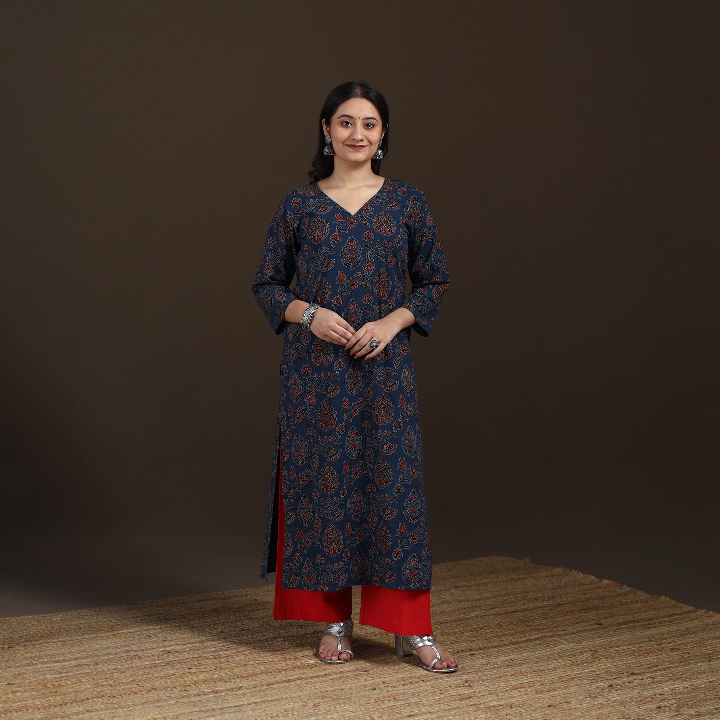 Ajrakh Hand Block Print Natural Dyed Cotton Straight Long Kurta for women 17