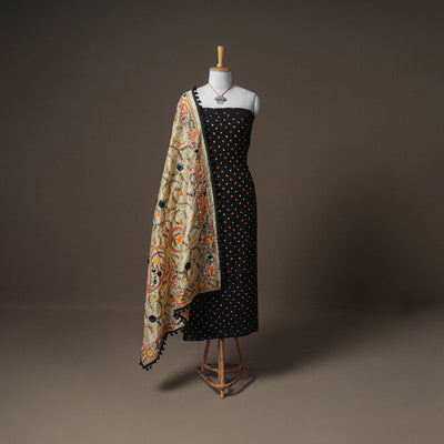 Bandhani Cotton Unstitched Dress Material: Kurta & Dupatta with Jewellery 01