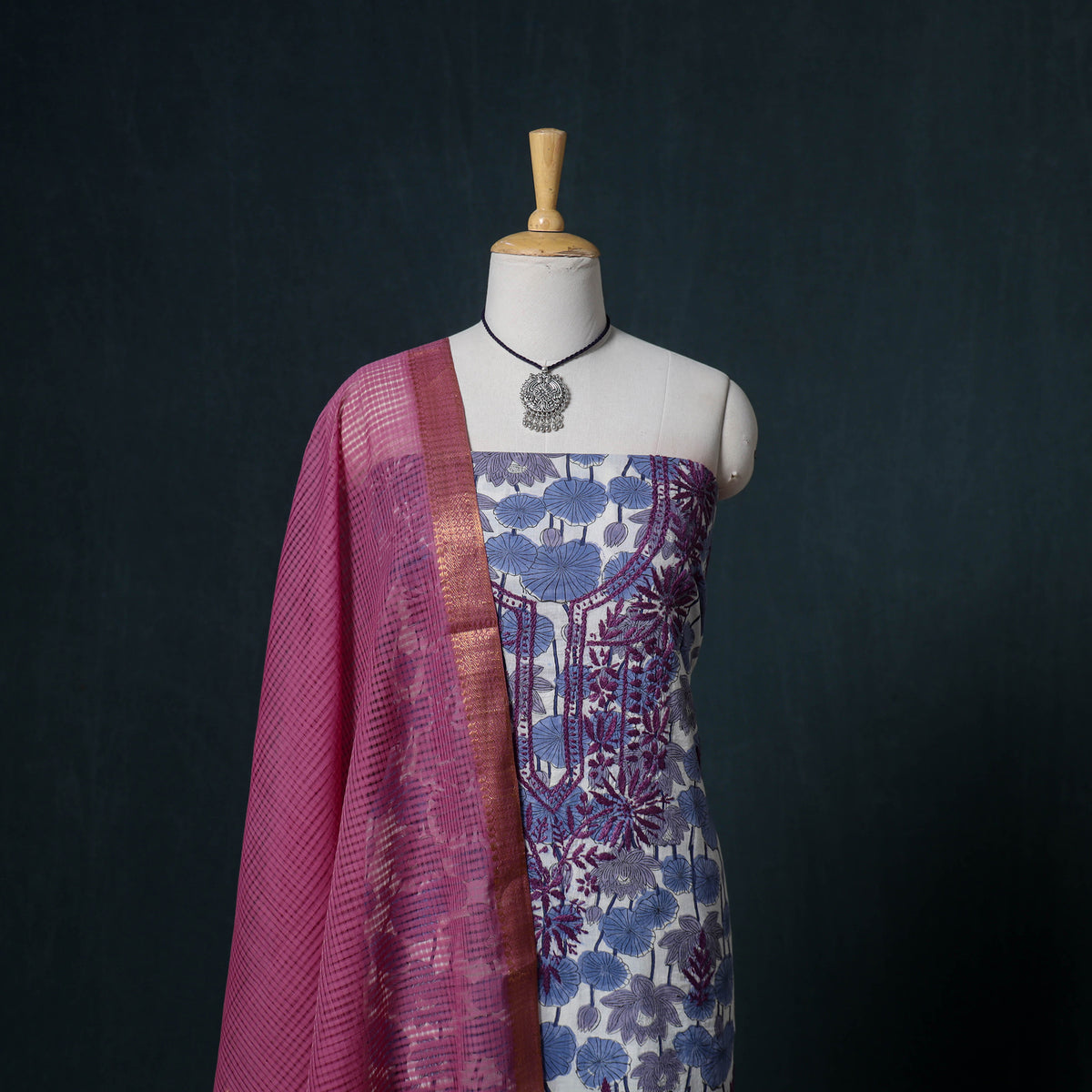 Lucknowi Chikankari Hand Work Unstitched Dress Material: Kurta & Dupatta with Jewellery 10