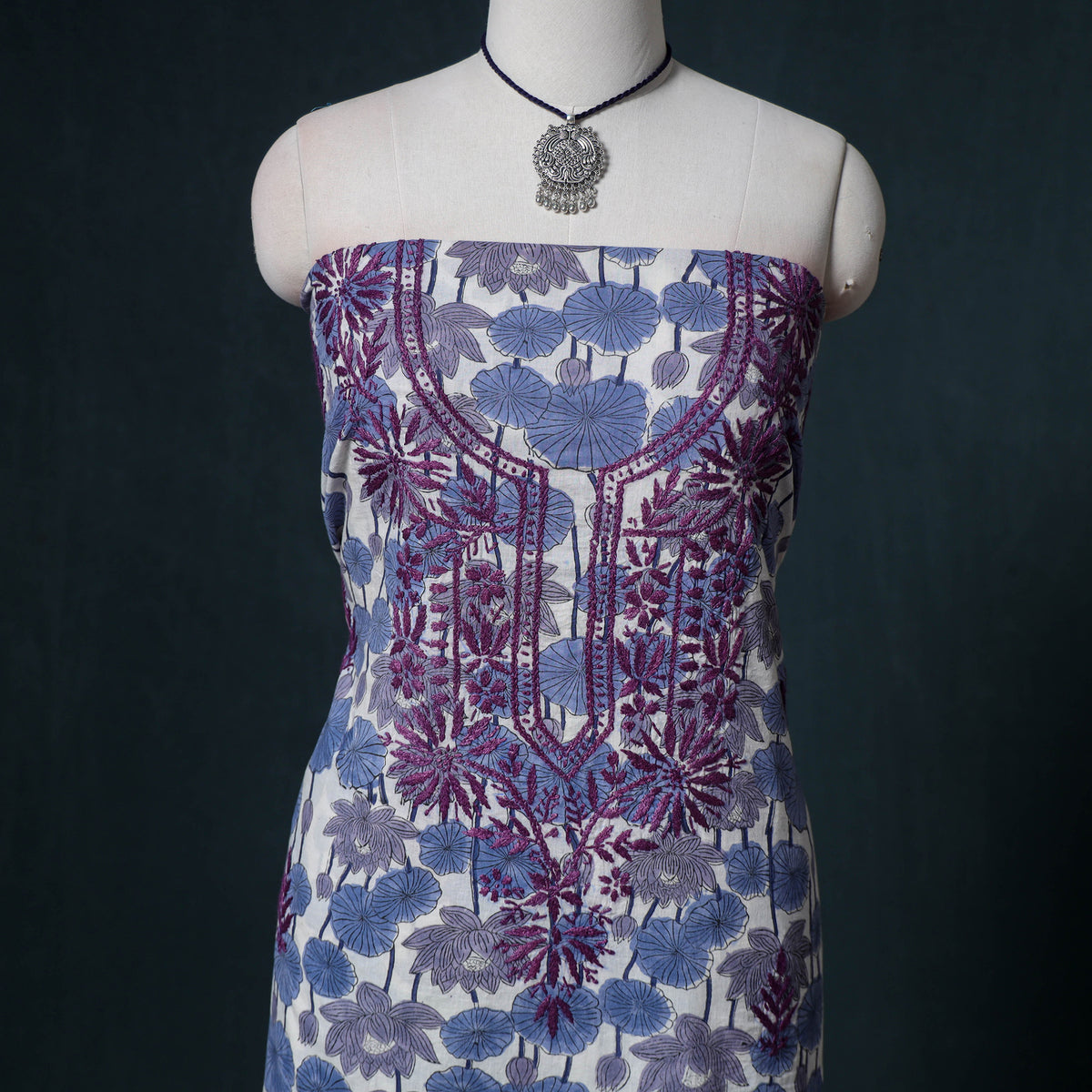 Lucknowi Chikankari Hand Work Unstitched Dress Material: Kurta & Dupatta with Jewellery 10